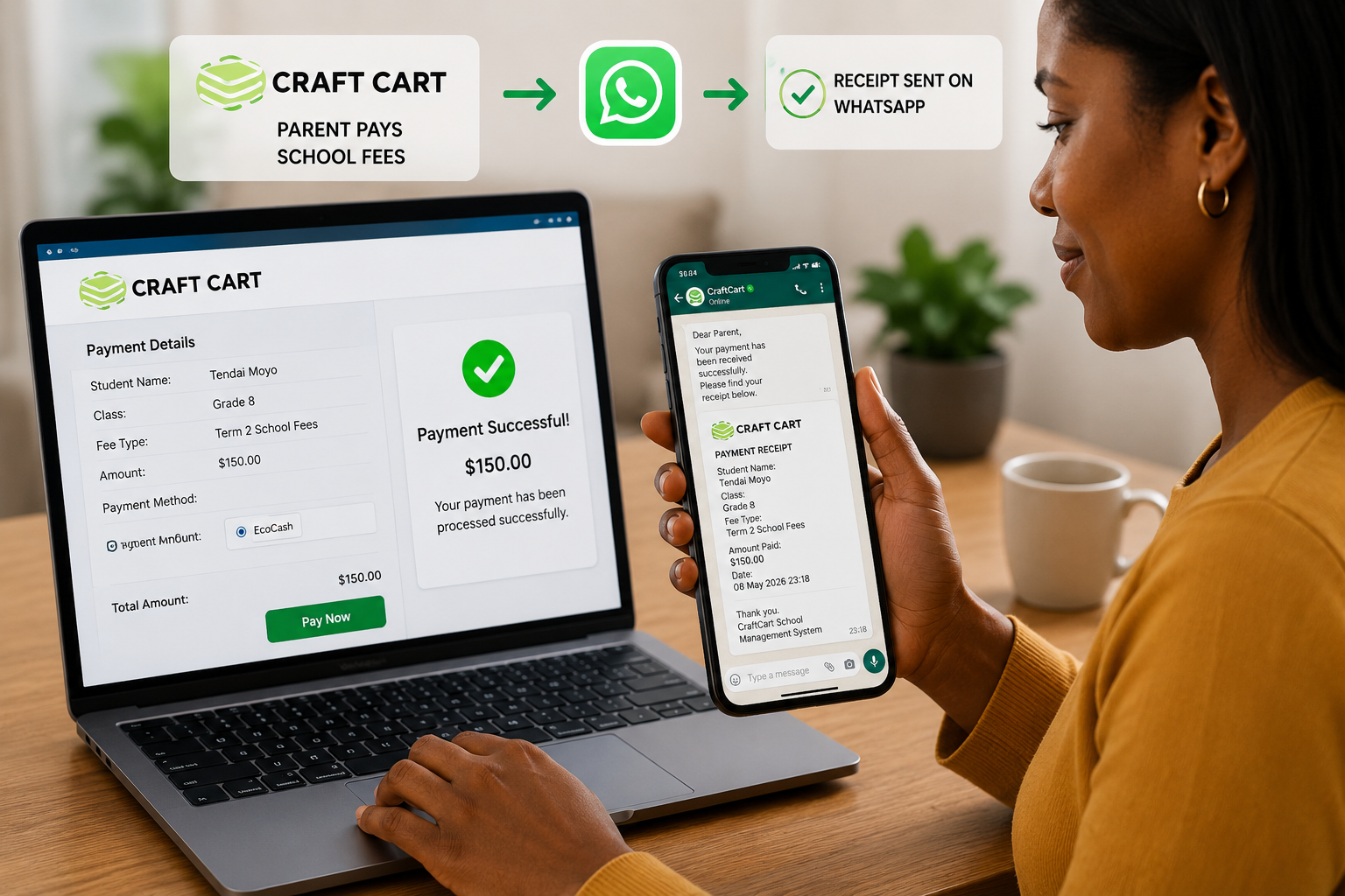 Craft Cart school fee payment and WhatsApp receipt workflow